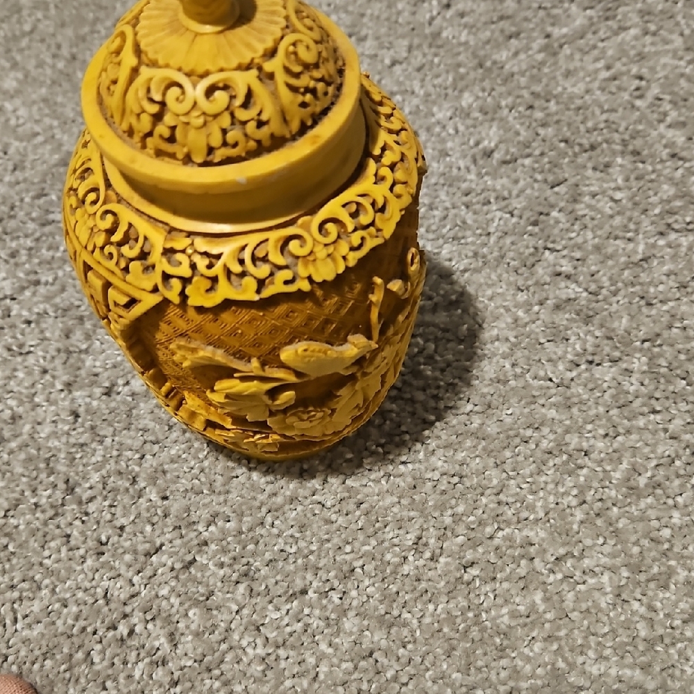Intricately Carved Yellow Decorative Jar From Bangkok